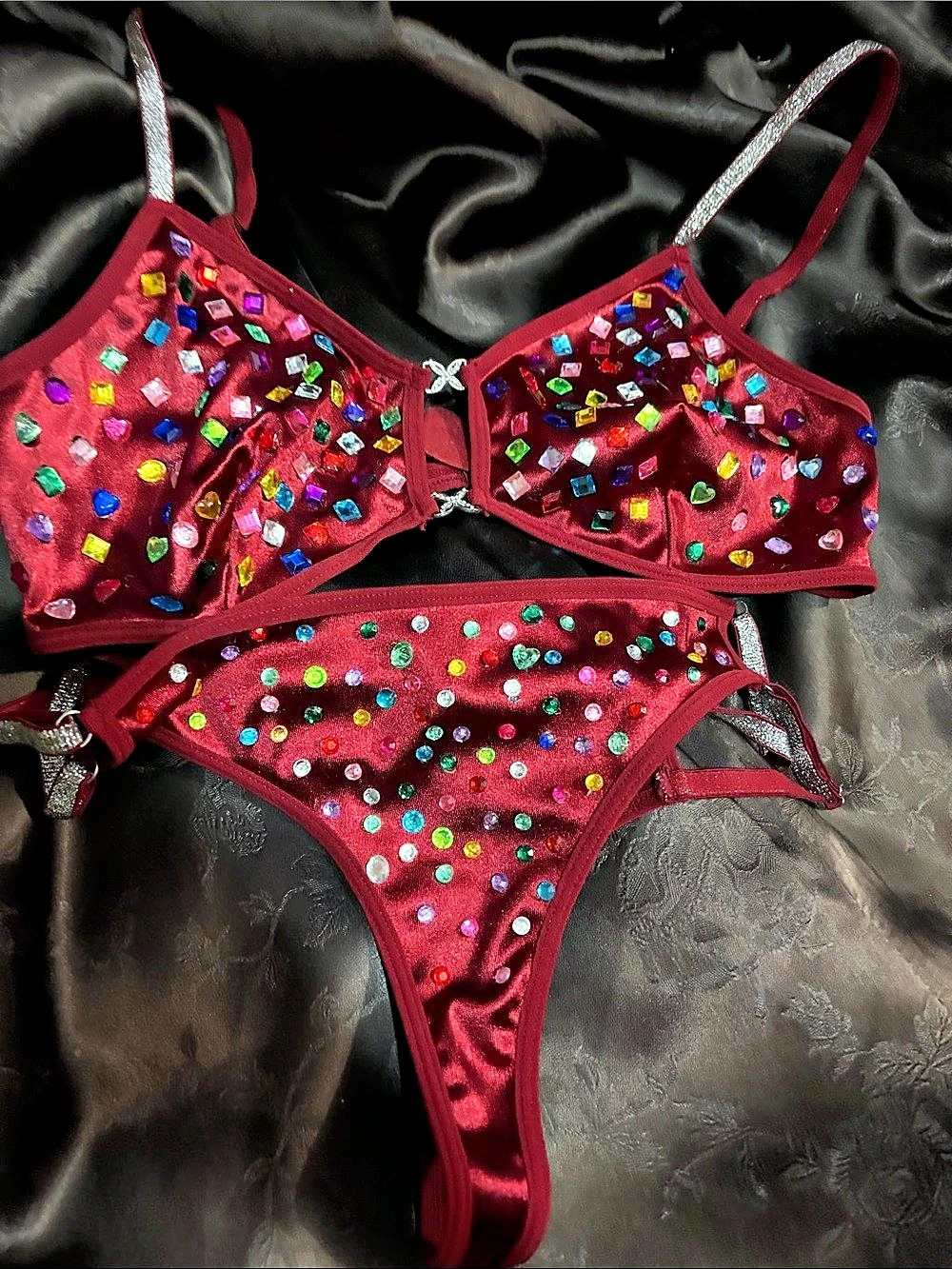 Rhinestone Bra and Panty Set in Red Like New